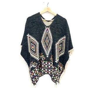 Southwest Multi Color Sweater Poncho with Tassels OS One Size Fits Most
